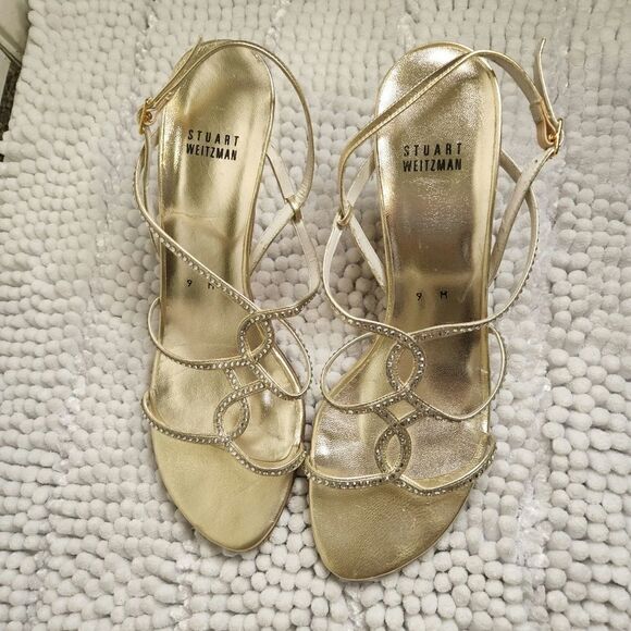 Stuart Weitzman Sandal Size 9M Gold Strappy Embellished Rhinestone Holiday - Picture 1 of 6